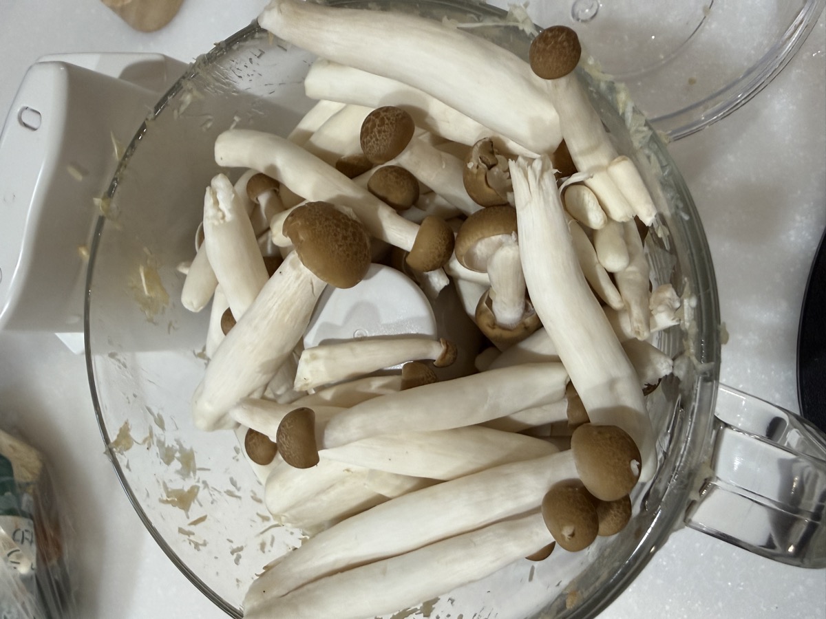 Maitake, Shimeji, and Enoki mushrooms blended into a fine puree using a food processor